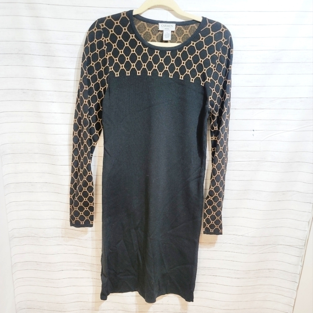 Carmen Marc Valvo Black and Tan Knit Sweater Dress, sz Large